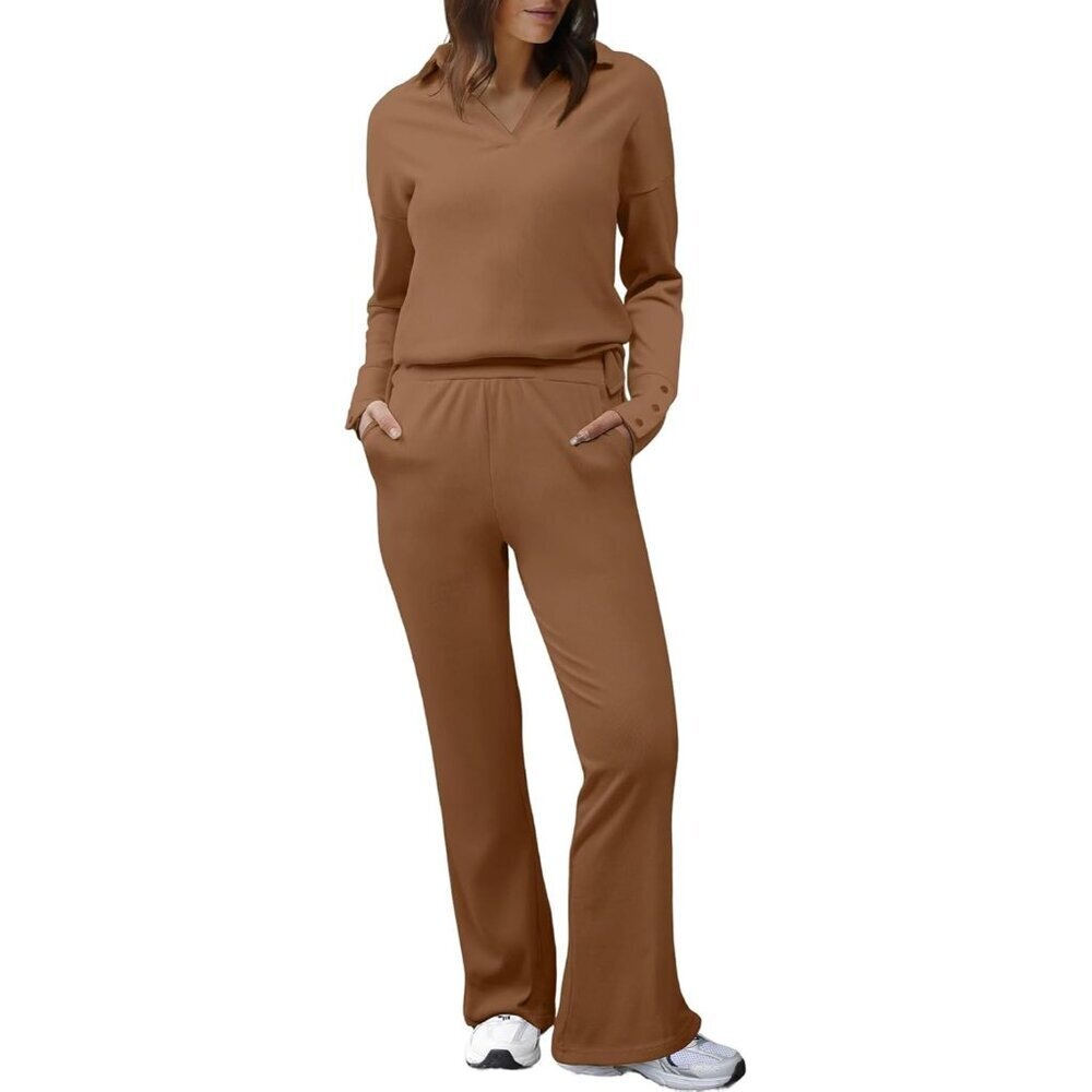 Women Sweater Set 2 Piece Outfits Knit Long Sleeve V Neck High Waist Pants